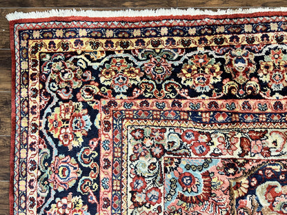 Persian Sarouk Rug 11x14, Semi Open Field, Large Antique Persian Wool Handmade Carpet, Red and Dark Blue, Floral