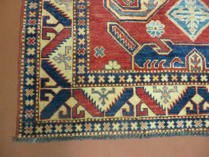 Vintage Turkish Kazak Wool Rug Handmade 4x6 Pattern Carpet Natural Dyes