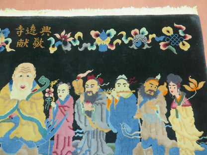 Chinese Wool Pictorial Rug Hand Knotted Vintage Confucius Immortals Scene Carpet