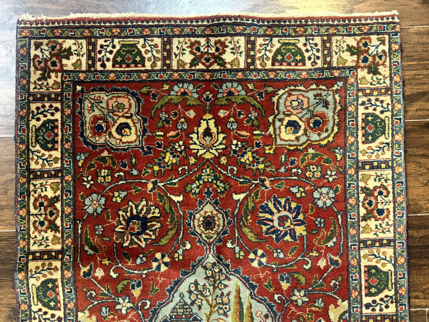 Small Persian Tabriz Rug 2.8 x 4.7, Red, Animal Pictorials, Semi Antique Vintage