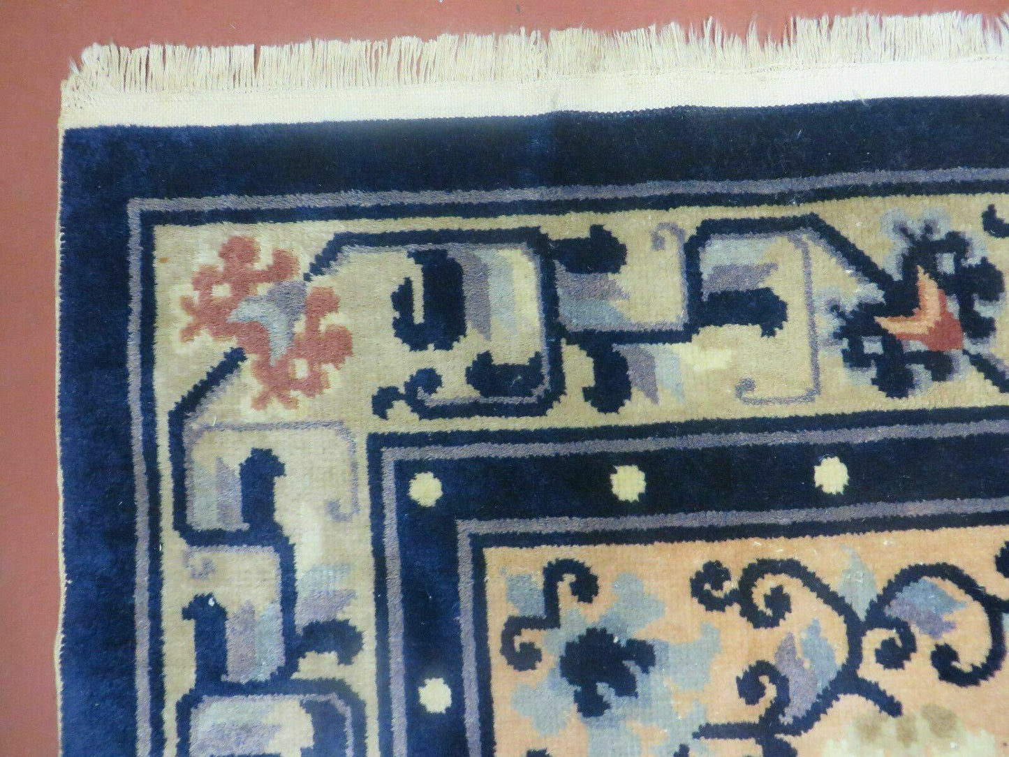 Antique Handmade Peking Chinese Wool Rug 1950s Vintage 47 By 71 Inches Blue And Salmon