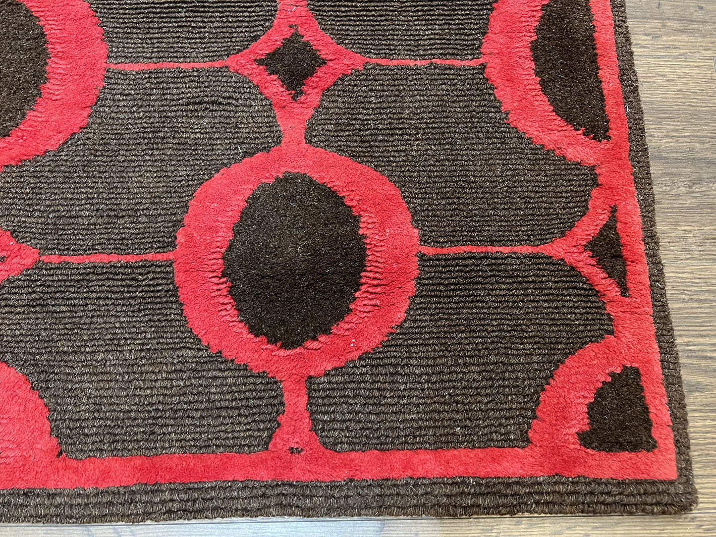 Modern Tibetan Rug 3.8 x 5.7, Raspberry Red and Dark Brown, Abstract Circle Design, Hand Knotted, Soft Wool Handmade Tibet Nepali Carpet 4x6