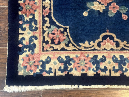 Blue And Beige Chinese Wool Rug 3x6 Peking Antique Hand Knotted Carpet