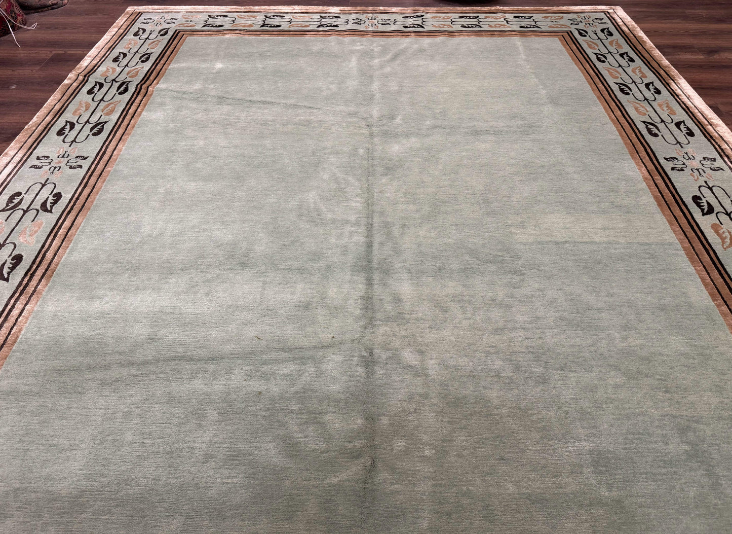 Palace Size Nepali Rug 9x18 Light Mint Green Open Field Wool Hand Knotted Modern Contemporary