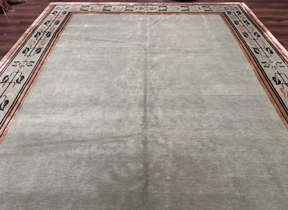 Palace Size Nepali Rug 9x18 Light Mint Green Open Field Wool Hand Knotted Modern Contemporary