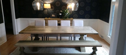 Herringbone Dining Table In Solid Wood With Custom Finish And Distressing Options