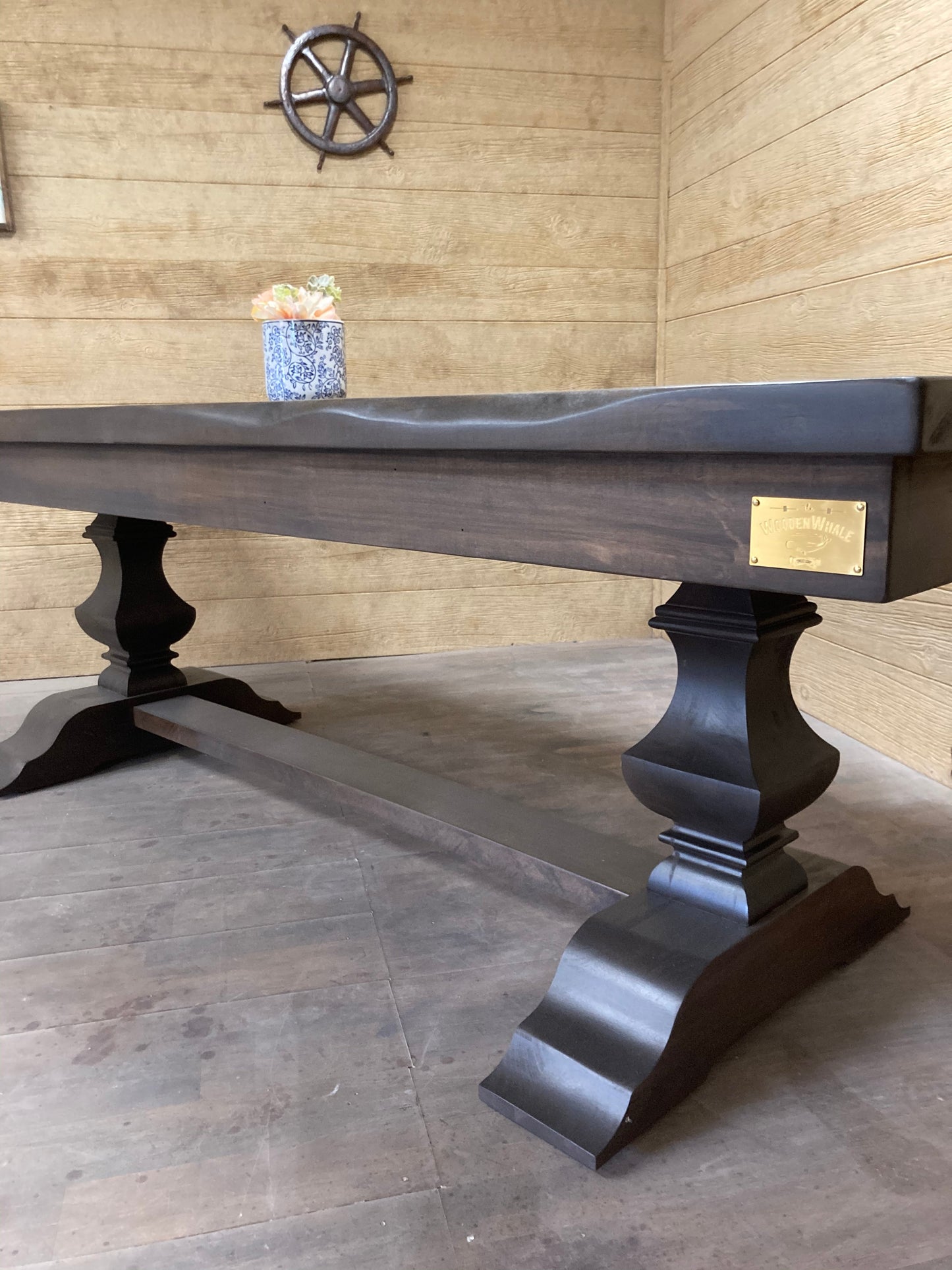 Herringbone Dining Table In Solid Wood With Custom Finish And Distressing Options