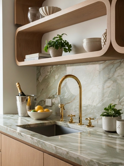 Unlacquered brass three-hole bridge kitchen faucet with side sprayer on a green marble countertop in a modern kitchen.