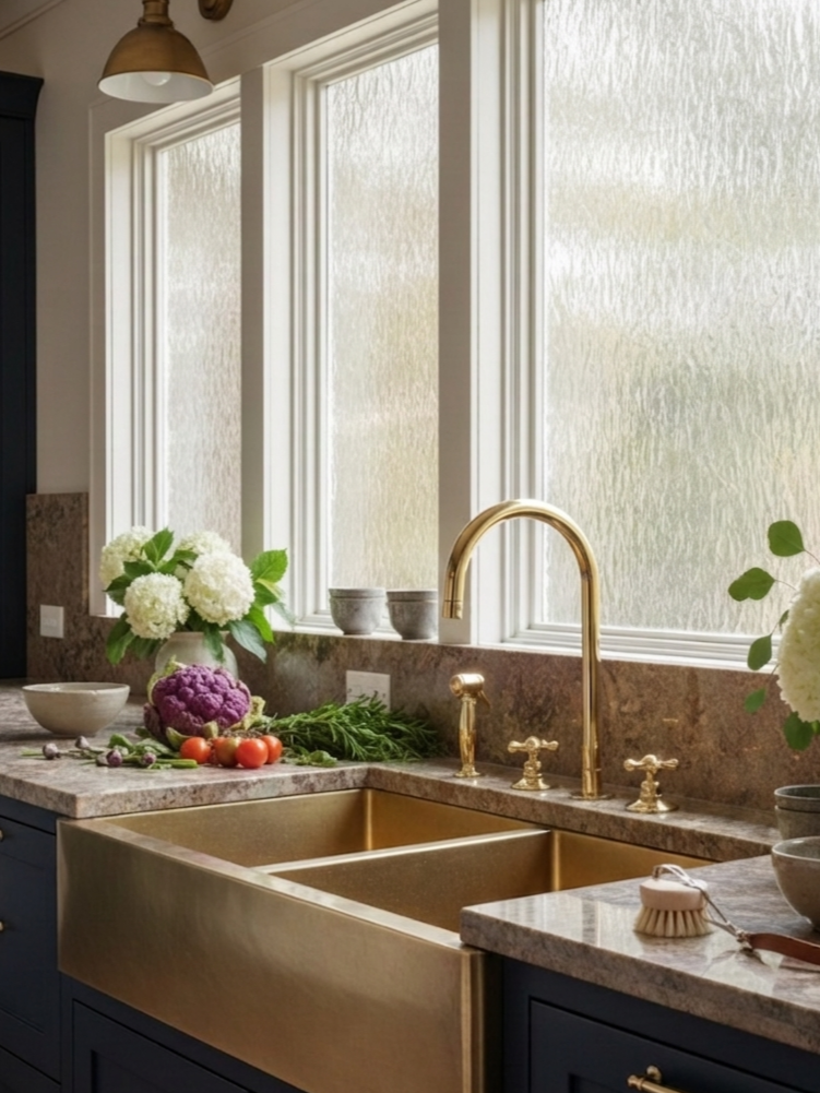 Unlacquered brass three-hole bridge kitchen faucet with side sprayer installed with a brass farmhouse sink.