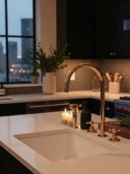 Unlacquered brass bridge kitchen faucet with side sprayer on a white quartz countertop in a luxury kitchen.