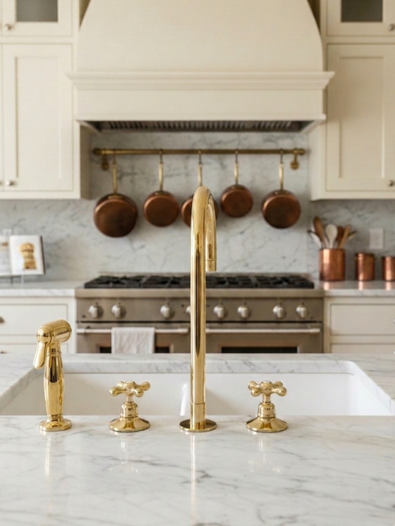 Front view of an unlacquered brass bridge kitchen faucet with side sprayer on a white marble countertop.