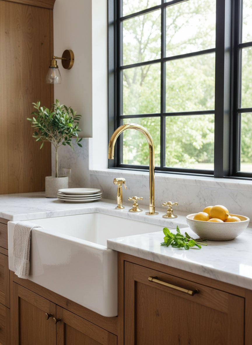 Unlacquered brass bridge kitchen faucet with side sprayer beside a white farmhouse sink and marble countertop.