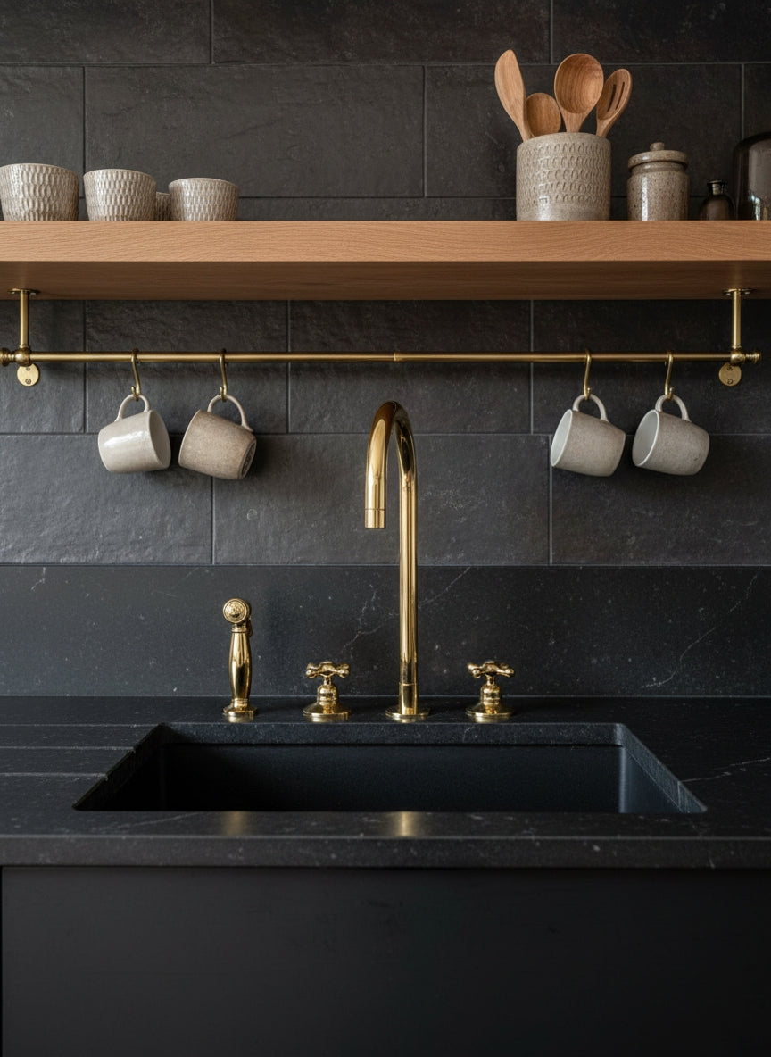 Unlacquered brass bridge kitchen faucet with side sprayer on a black stone countertop with dark tile backsplash.