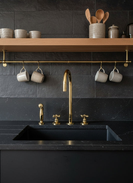 Unlacquered brass bridge kitchen faucet with side sprayer on a black stone countertop with dark tile backsplash.
