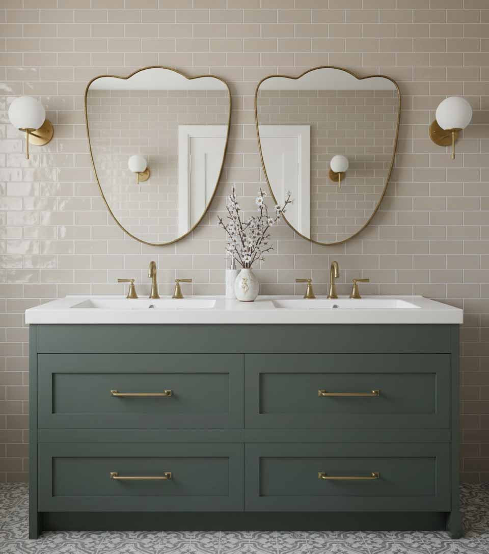 Soft Crest brass mirrors over double vanity