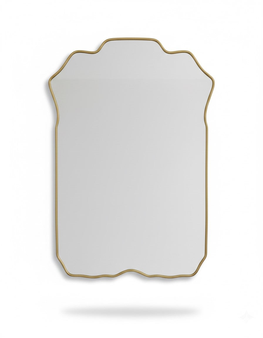 Soft crest rectangular brass mirror on white background