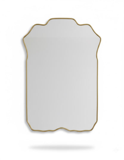 Soft crest rectangular brass mirror on white background