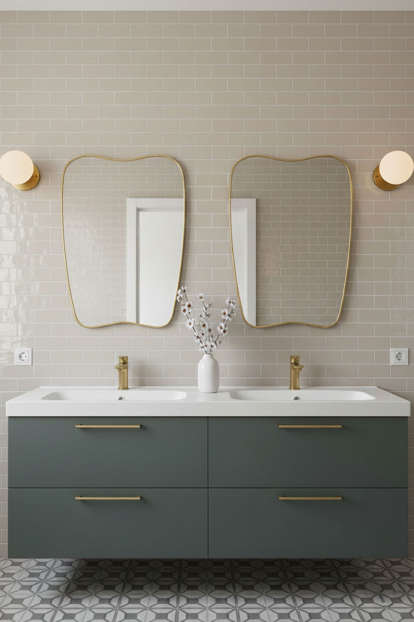  Pair of soft-crest brass mirrors over double sink vanity