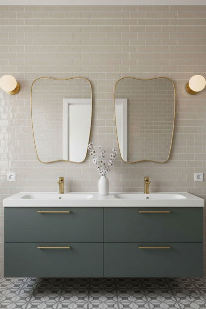  Pair of soft-crest brass mirrors over double sink vanity