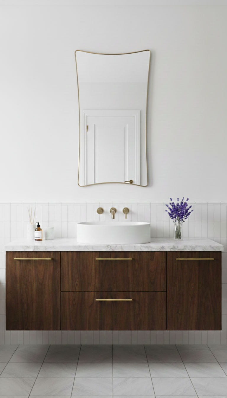 S-curve brass vanity mirror mounted above modern bathroom sink