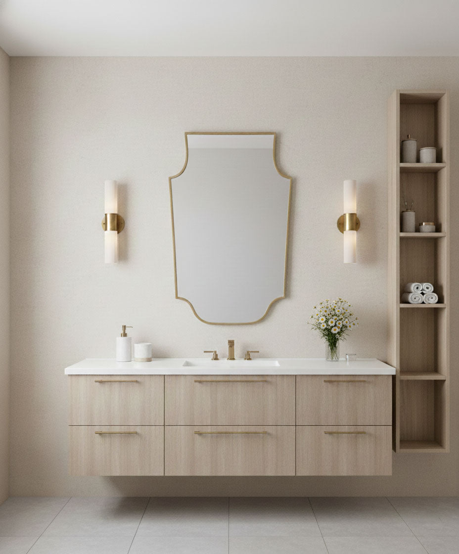 Handmade brass crest mirror in modern bathroom