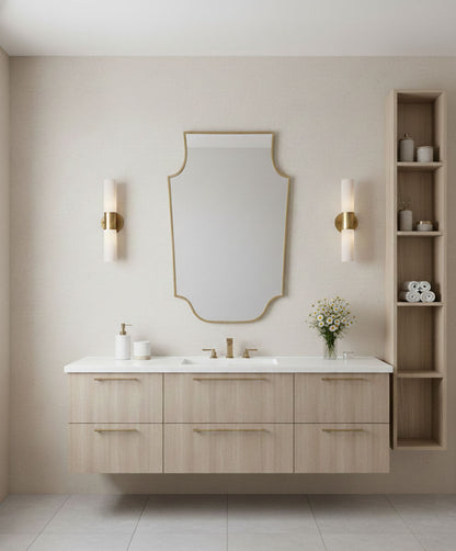 Handmade brass crest mirror in modern bathroom