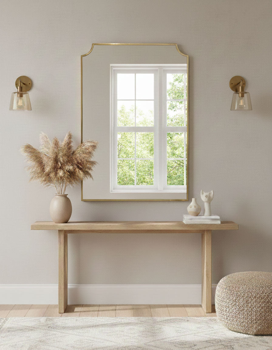 Handmade chateau rectangle brass mirror with wall sconces and console table