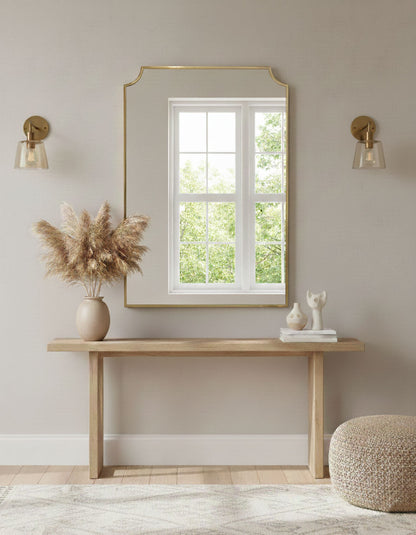 Handmade chateau rectangle brass mirror with wall sconces and console table