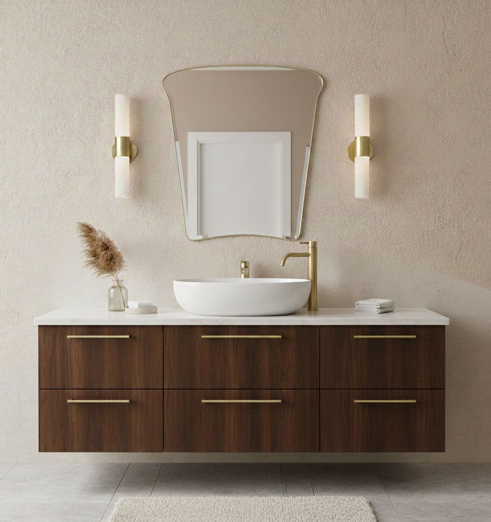 Tulip Crest brass bathroom mirror above wooden vanity with modern styling