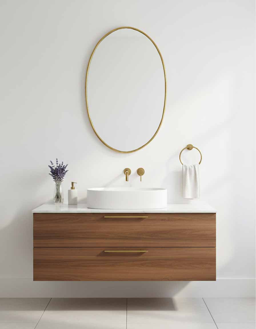 Oval brass wall mirror above floating vanity