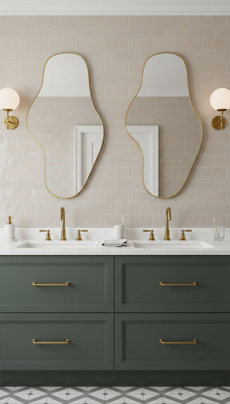 Double Waveform mirrors with brass faucets in contemporary vanity setup