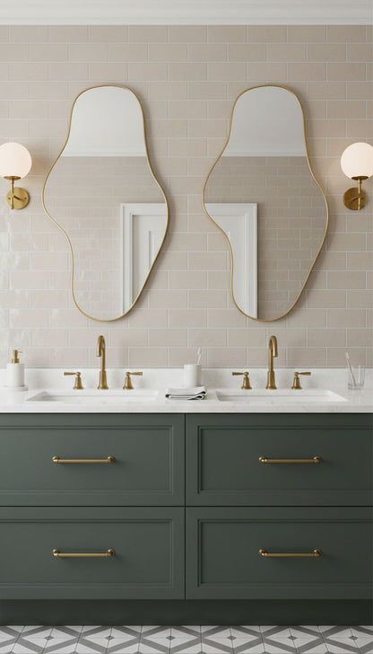 Double Waveform mirrors with brass faucets in contemporary vanity setup