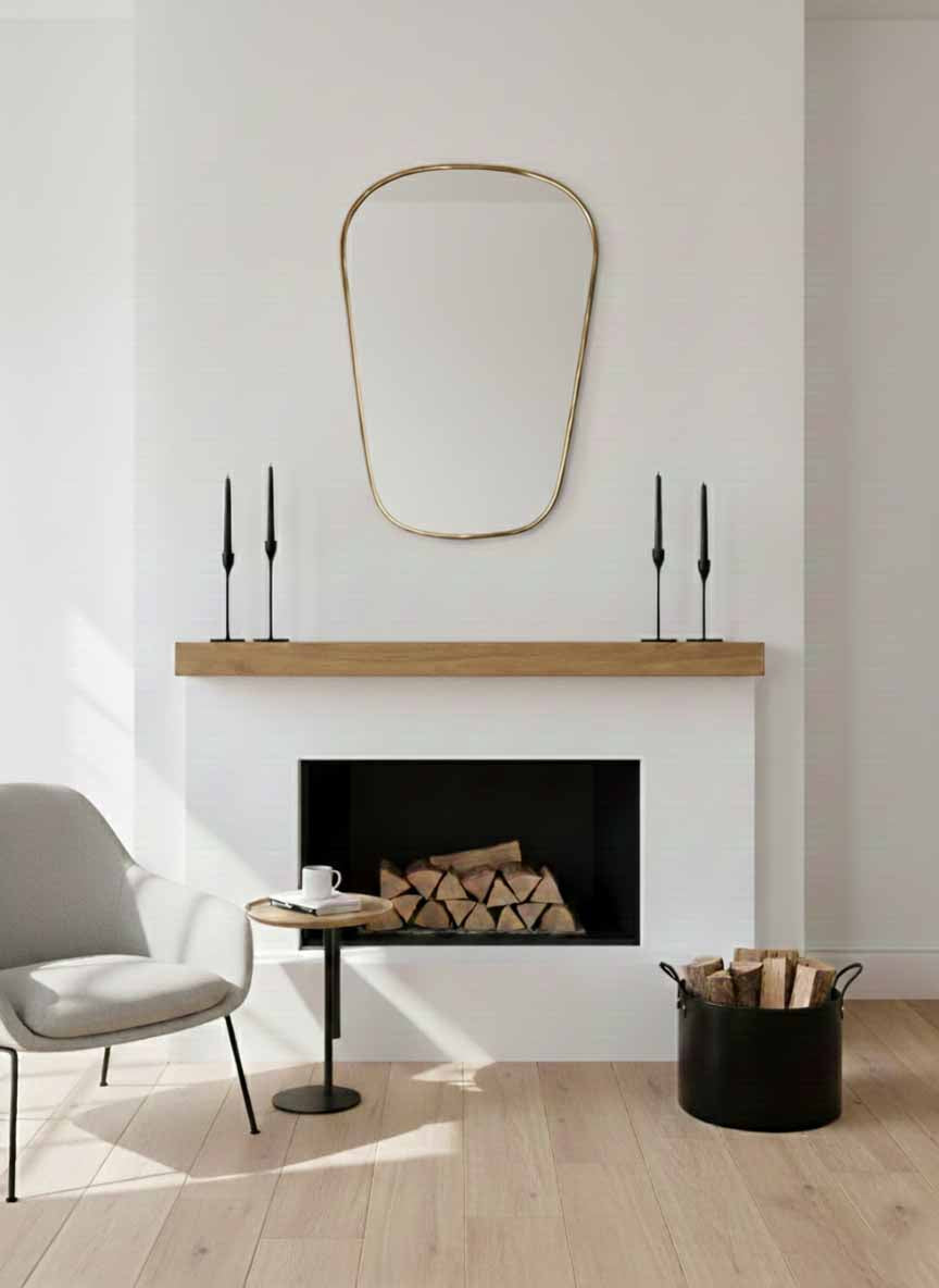 Handmade brass mirror mounted above fireplace mantel