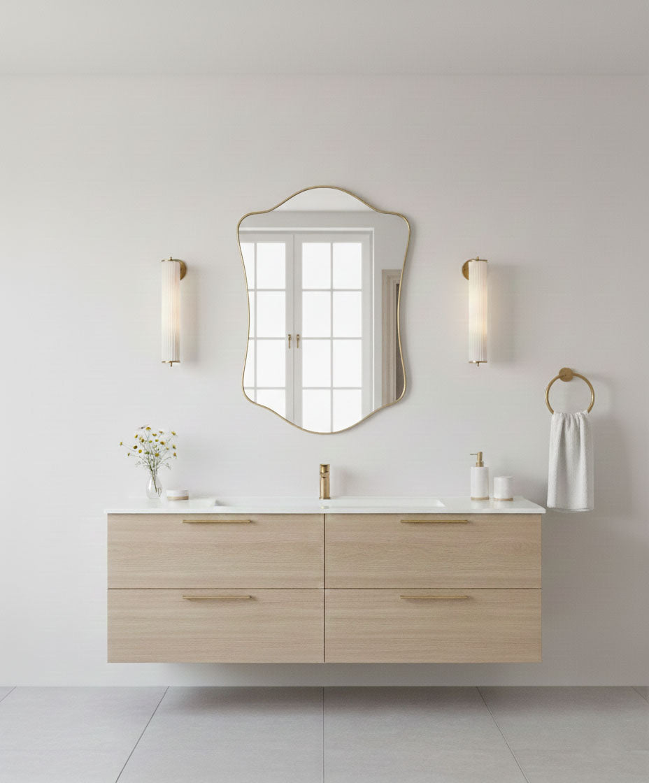 Wavy shield bathroom mirror over floating vanity