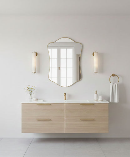 Wavy shield bathroom mirror over floating vanity