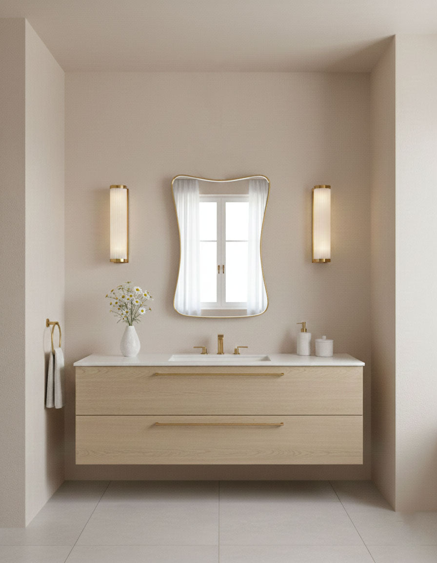 Cloud Curve Rectangle mirror with soft curves mounted in minimalist bathroom alcove