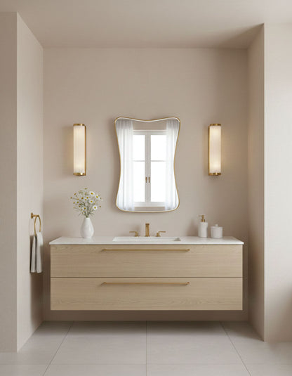 Cloud Curve Rectangle mirror with soft curves mounted in minimalist bathroom alcove