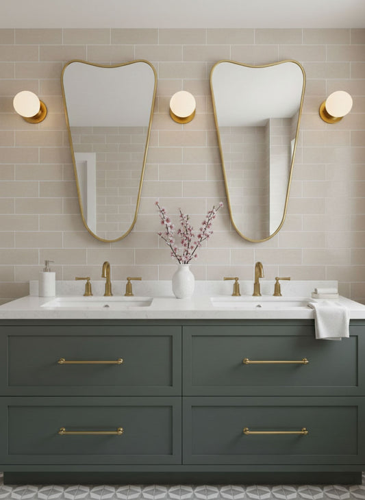 Pair of Soft Cone brass mirrors in a double bathroom vanity setup