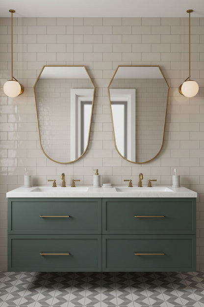 Pair of rounded shield brass mirrors over double bathroom vanity