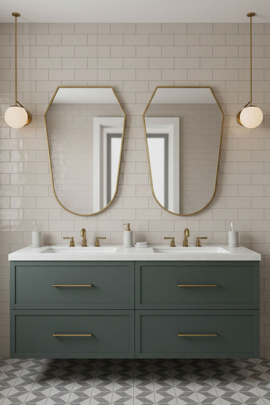 Pair of rounded shield brass mirrors over double bathroom vanity