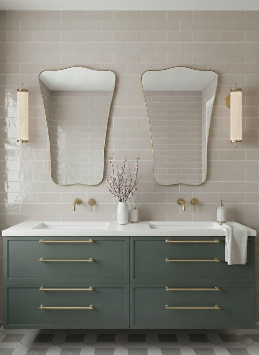 Double butterfly wave brass mirrors above modern double sink vanity