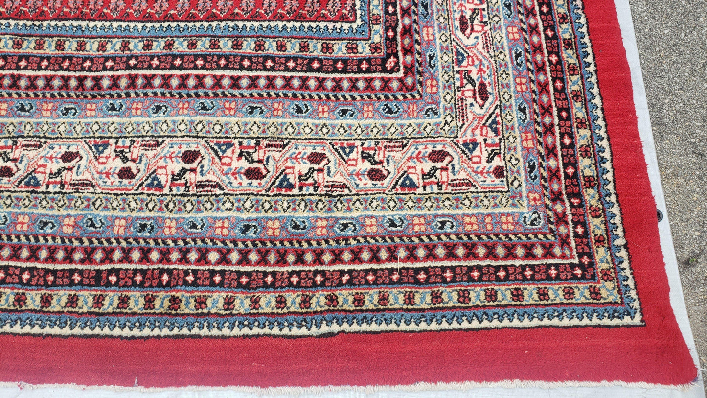 Persian Sarouk Mir Pattern, Red and Beige, Hand-Knotted, Wool, Paisley Boteh Design, 9'9" x 13', Semi Antique