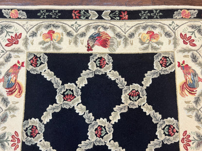 Hooked Rug 5x8 Vintage Wool Aubusson Pattern With Roses And Roosters