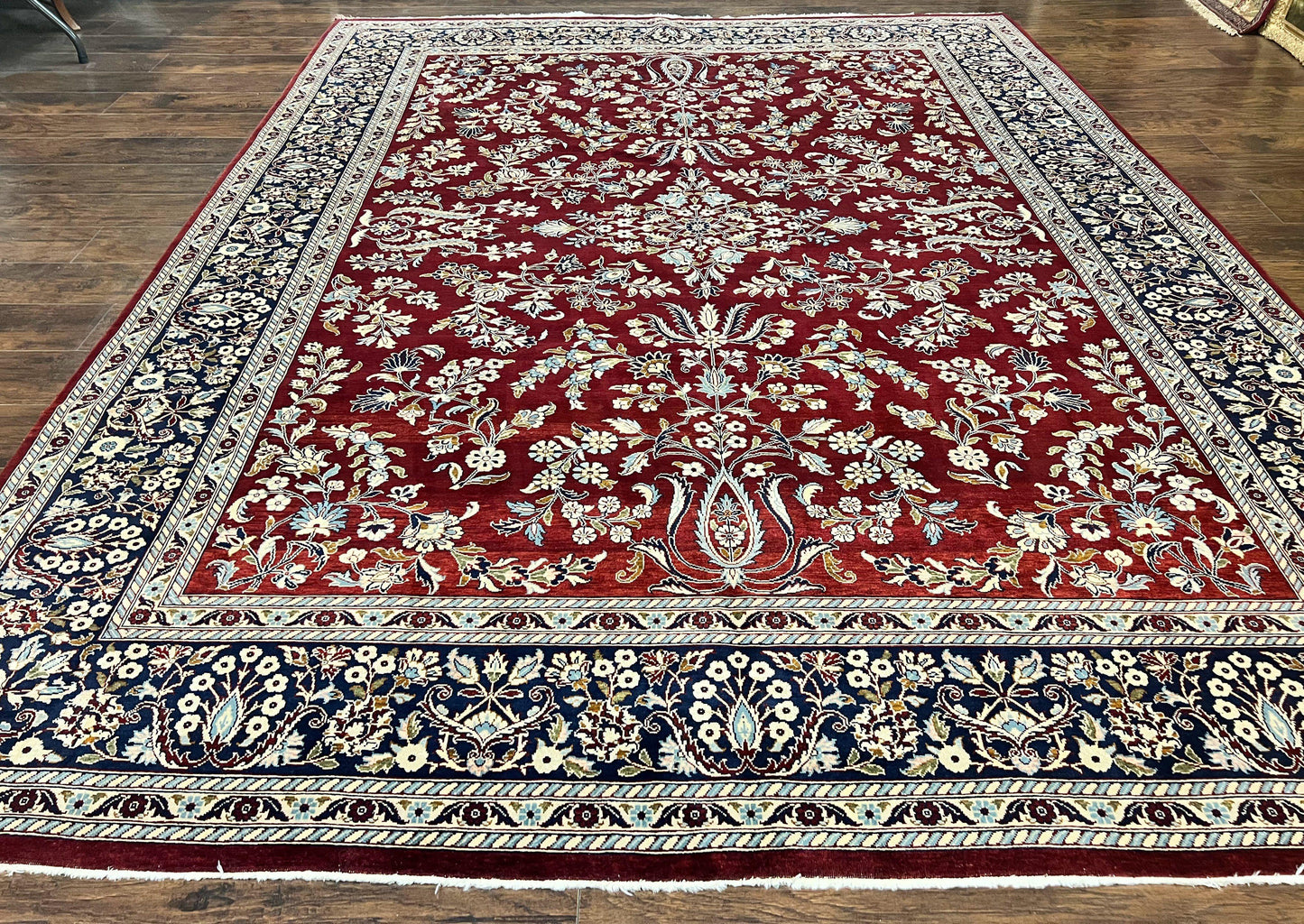 Indo Persian Sarouk Rug 9x12, Floral Allover, Dark Red & Navy Blue, Handmade Vintage Wool Carpet