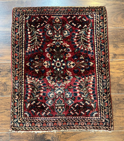 Antique Persian Sarouk Rug Small Two By Two And A Half Wool Handmade Red Floral 1920s 170 KPSI