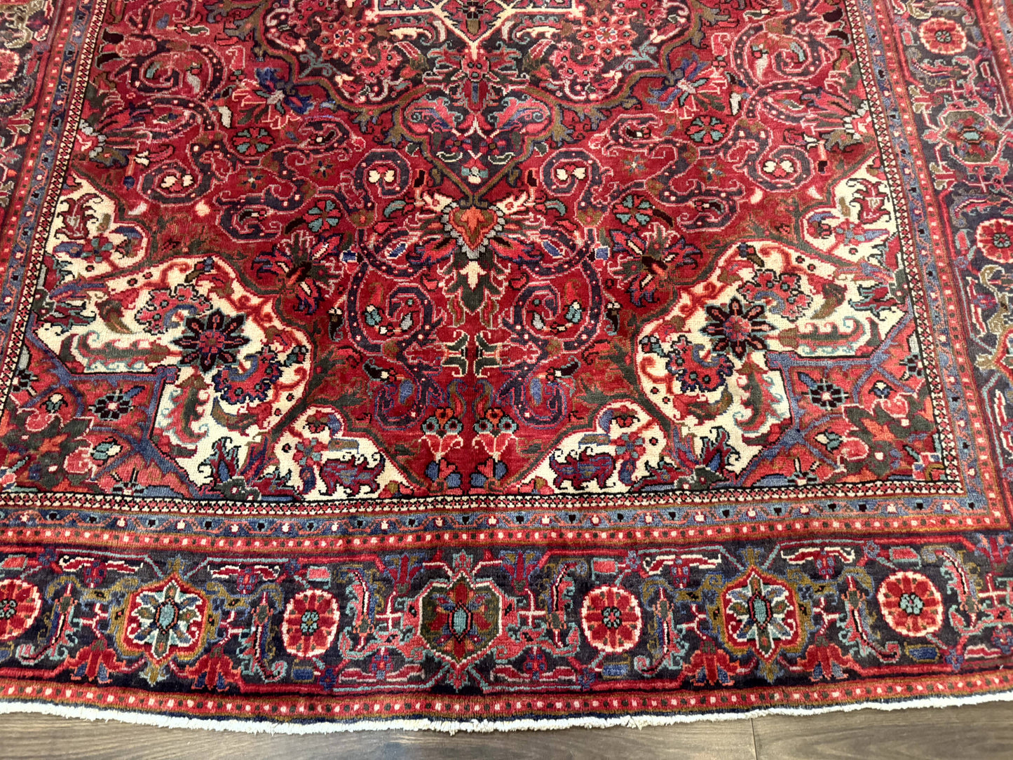 Persian Heriz Rug 7x10 Vintage Wool Carpet Red Navy Geometric Medallion