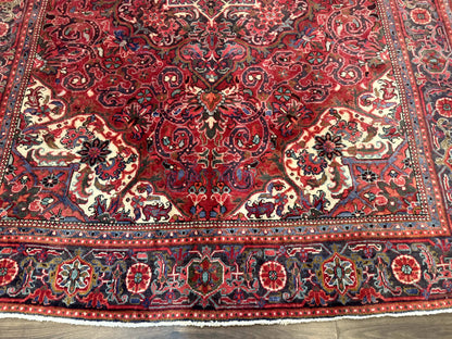 Persian Heriz Rug 7x10 Vintage Wool Carpet Red Navy Geometric Medallion
