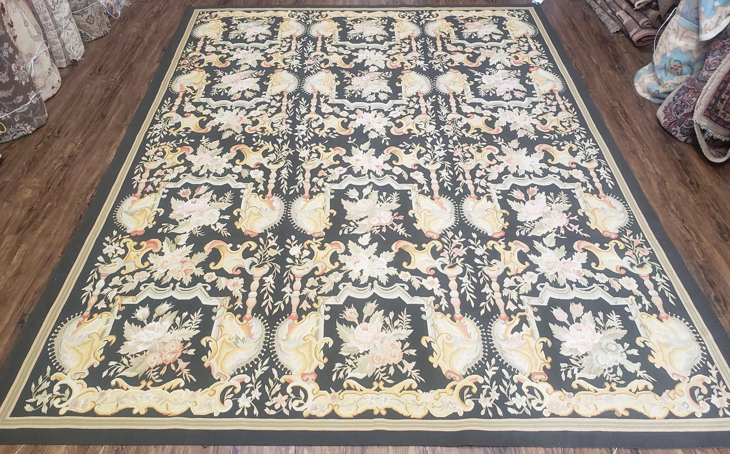 Vintage Black Aubusson Area Rug 8x10, Large Flowers Chinese Aubusson Carpet 7.9 x 10, Wool Hand-Knotted Floral Pattern Flat Weave Rug Nice