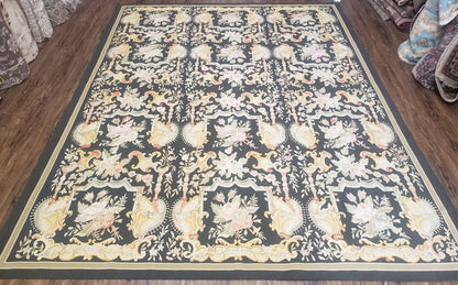 Vintage Black Aubusson Area Rug 8x10, Large Flowers Chinese Aubusson Carpet 7.9 x 10, Wool Hand-Knotted Floral Pattern Flat Weave Rug Nice