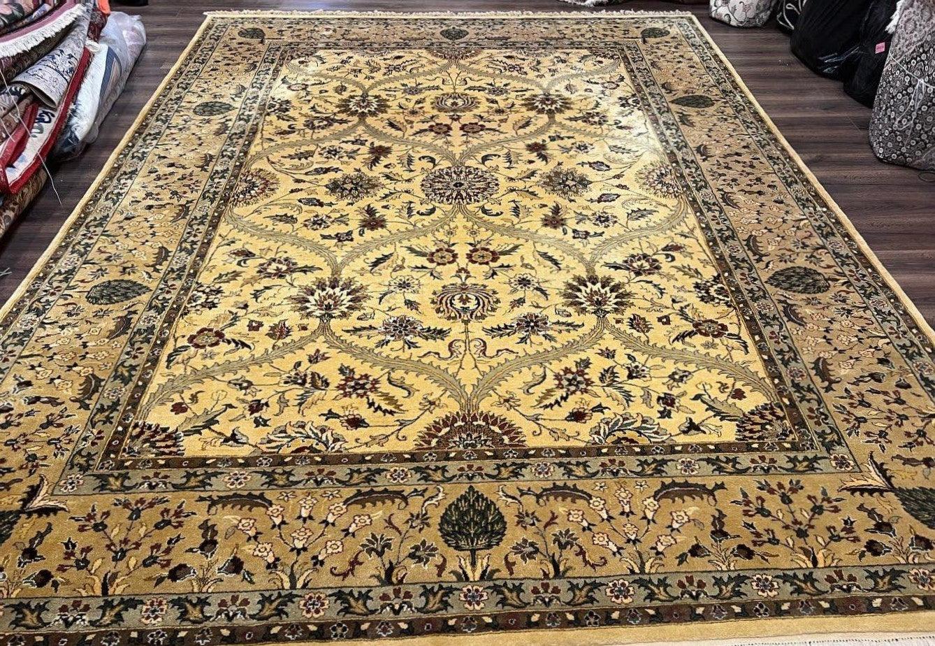 Indo Persian Mahal Rug 10x14, Wool Hand Knotted Oriental Carpet, Cream Floral Allover, Vintage Area Rug 10 x 14, Traditional Rug, Handmade